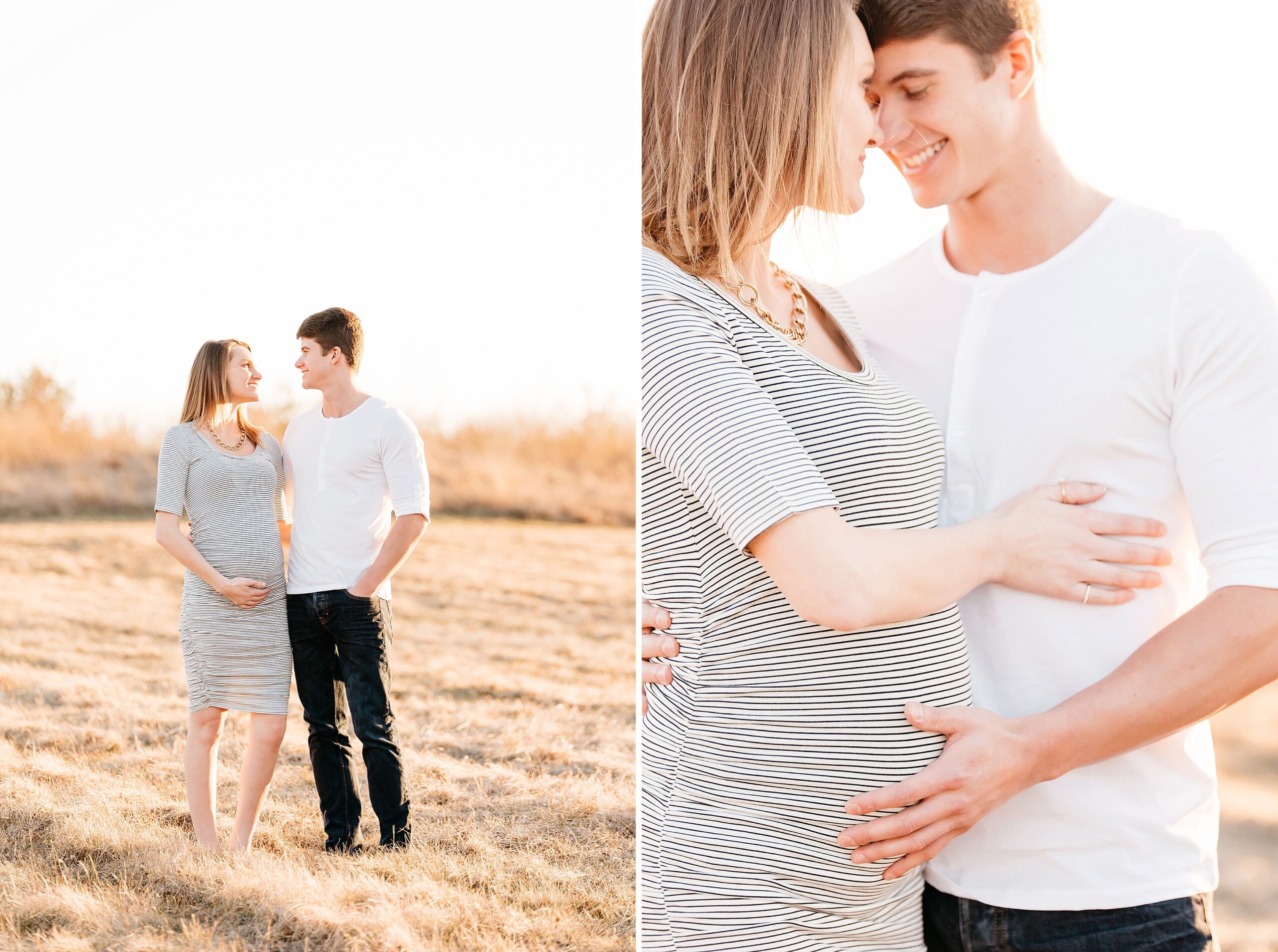 golden hour maternity photo posing and smiling